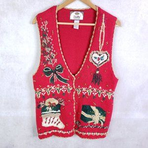 Tiara International Women's Large Red Knit Beaded Ugly Christmas Sweater Vest